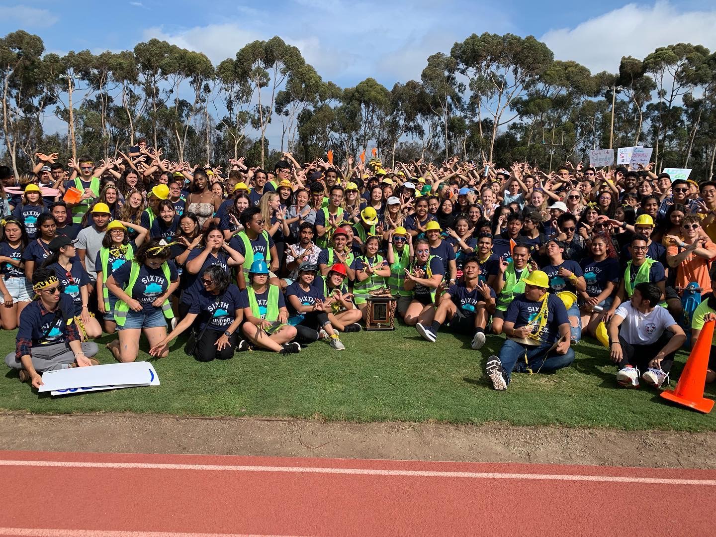 Group photo of students in construction costumes